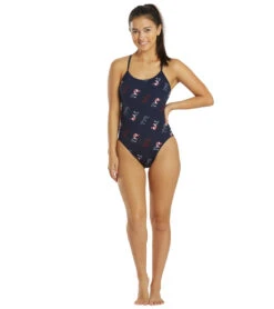 Women's Cascading TYR Print Cutoutfit One Piece Swimsuit -Swimming And Diving 6663769489576 redwhiteblue 4a